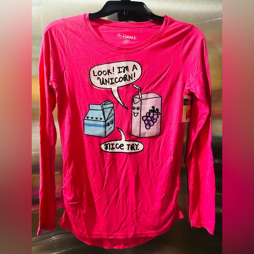 Hanes✨🩷🤍 Racy Pink Long Sleeve Tee with Cartoon Graphic